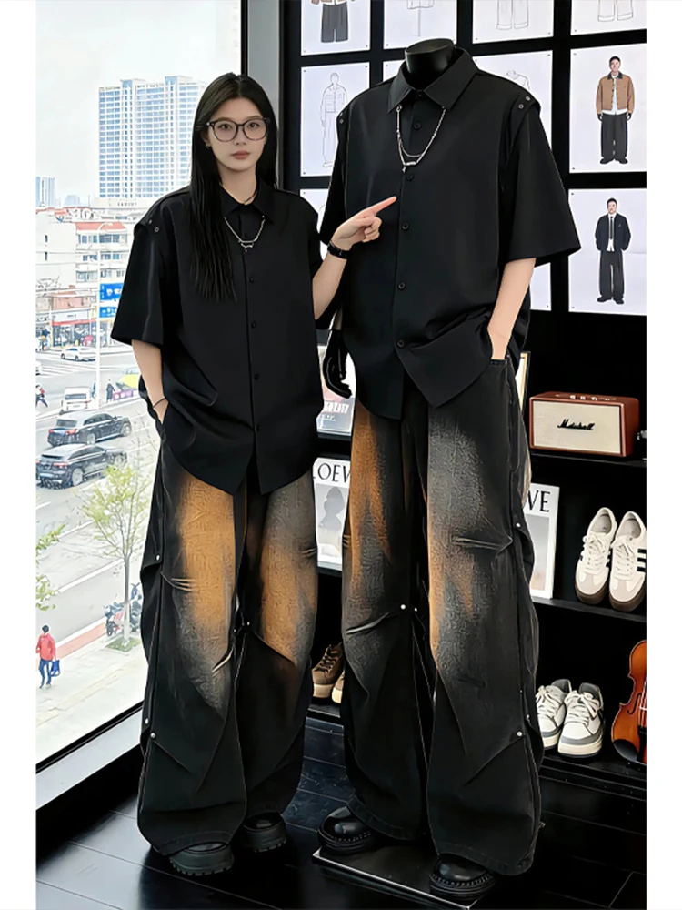 

Cool Black Short Sleeve Shirt Set for Men Casual Fashionable Summer Outfit Teenage Boys Clothing T-Shirt Long Pants Ensemble