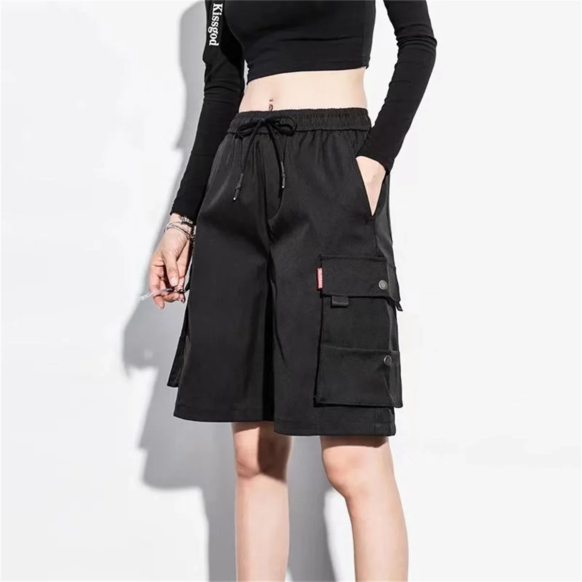 Black Y2K Cargo Shorts Women Harajuku Black Oversized Wide Leg Shorts Summer Streetwear Fashion High Waist Baggy Short Pants New
