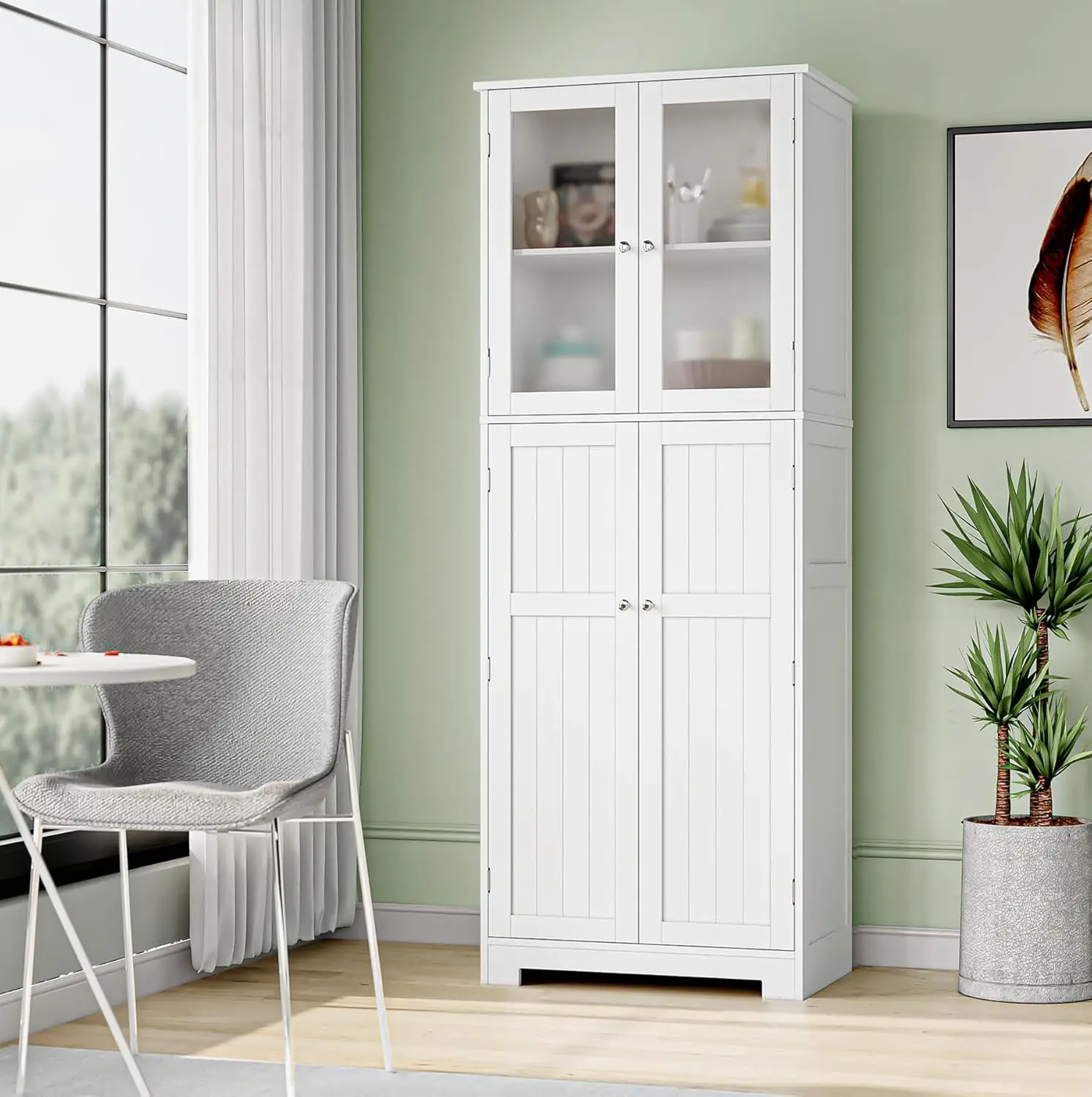 

67-Inch High Freestanding Tall Cupboard Storage Cabinet with Glass Doors and Shelves, Modern Food Pantry Cabinet Cupboard White