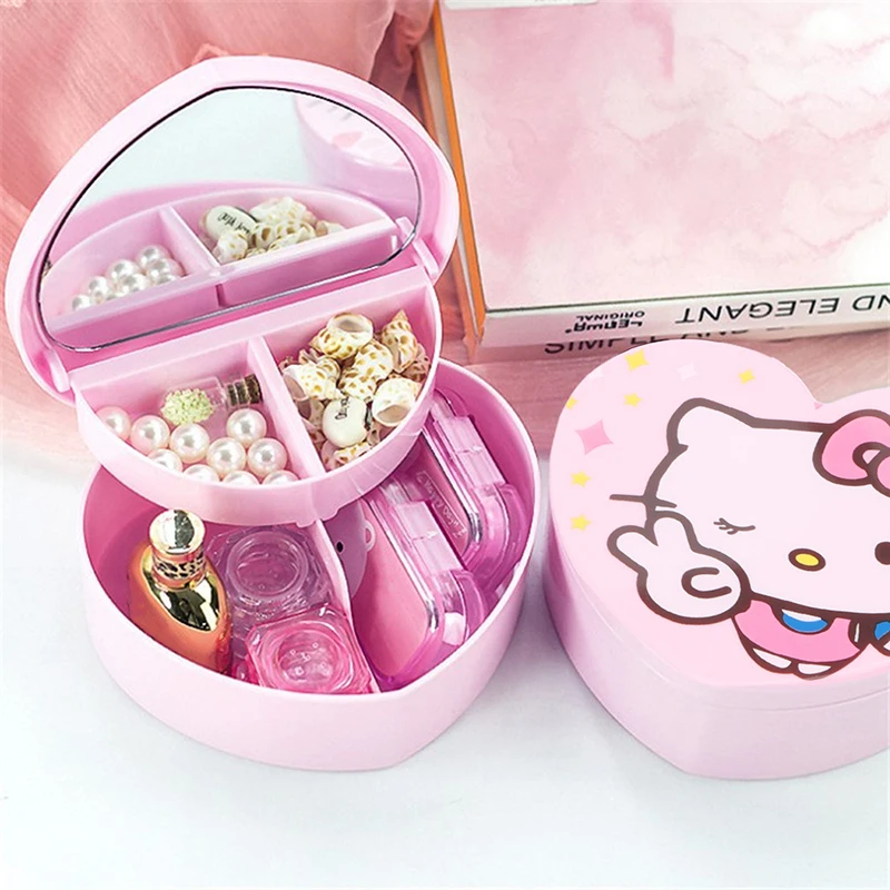 Boîte de Rangement Kawaii Hello Kitty Sanurgente KT, Chat, Miroir de Bureau, PoinBoîte à Bijoux en Forme de Cœur Girly, Boîte d'Organisation Cosmétique