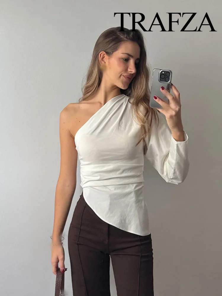 TRAFZA Women Autumn Fashion Solid 5-Color One-Shoulder Folds Asymmetrical Tops Female Casual Design Sense Pleated Decoration Top