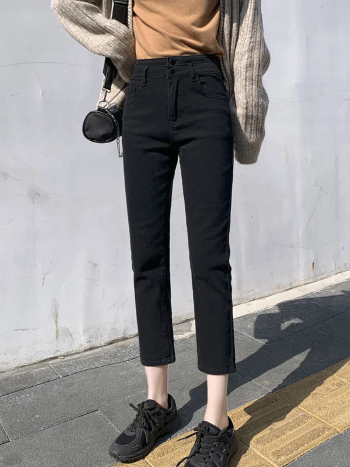 

High Waist Straight Leg Black Jeans Women's Nine Points Slimming plus Size Eight Points Smoke Tube Pants Spring Autumn New Style