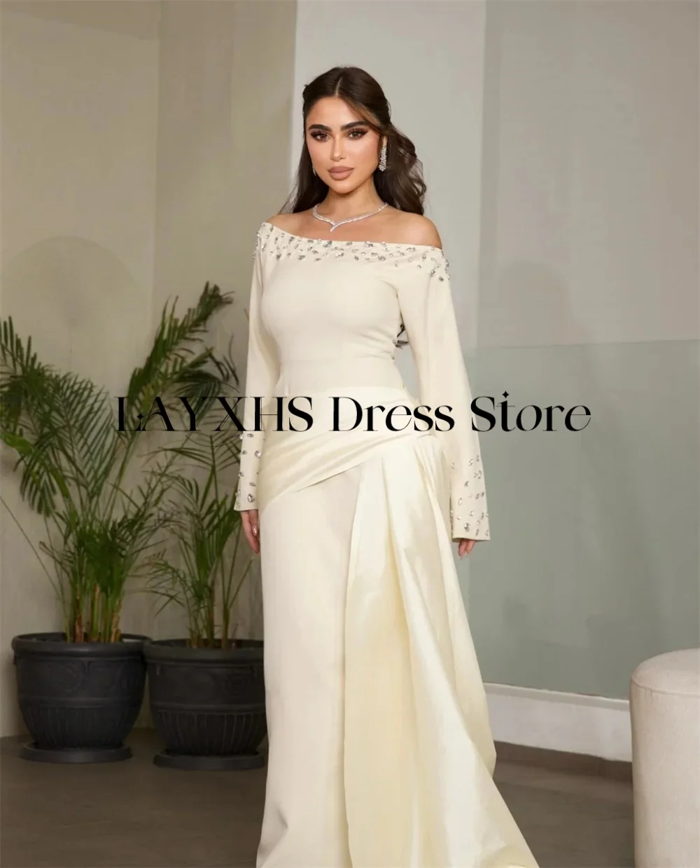 LAYXHS Elegant Uit de schouder Avondjurken Zeemeermin Kralen Lange Mouw Dames Galajurk Aangepaste robes de soirée