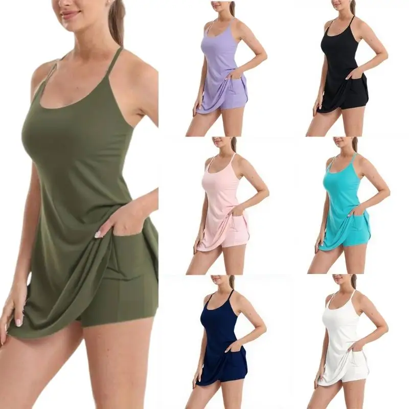 

Women Tennis Dress Built In Shorts Athletic Dress with Pocket and Removable Padddings For Gym Workout Fitness Running K1YF