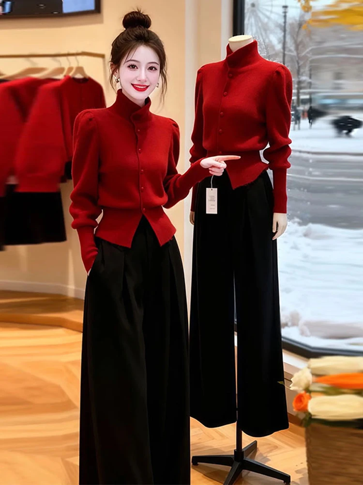 

Faionable Red Knitted Sweater Long Sve Spring Autumn Winter Versatile Loose Fit Casual Sle Warm Soft Medium Thin
