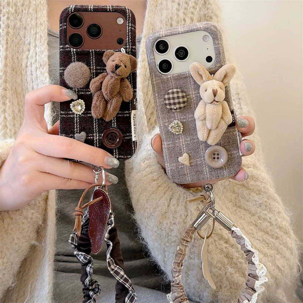 Kawaii Retro Plaid Woolen Phone Case for iPhone 18 17 16 15 Pro Max Plush Rabbit Cute Cover With Ruffle Wrist Strap Korea Fundas