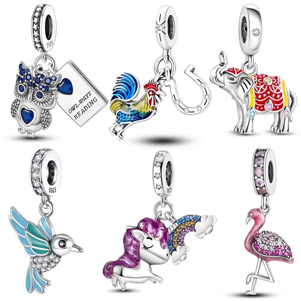 Colgante de plata de ley 925 con diseño de flamenco y elefante, colgante de circonita de color, compatible con Pandora, Pulsera Original de plata 925 para la fabricación de joyas