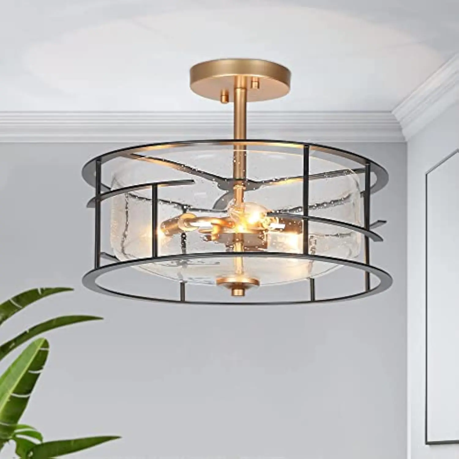 

Modern Drum Light Fixture, 3-Light Black Gold Semi Flush Mount Ceiling Light with Seeded Glass Shade for Bedroom, Hallway, Foy