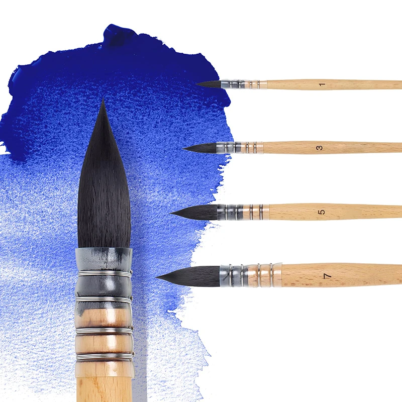 

Профессиональные акварельные кисти - набор из 4 штук, синтетический ворс из волоса белки, с ручкой из бука.