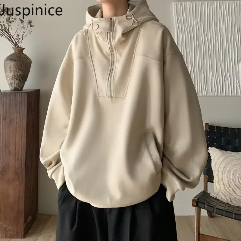 

Japanese Retro Half Zipper Solid Color Hooded Sweatshirt Men's Autumn and Winter Loose and Versatile Casual Jacket