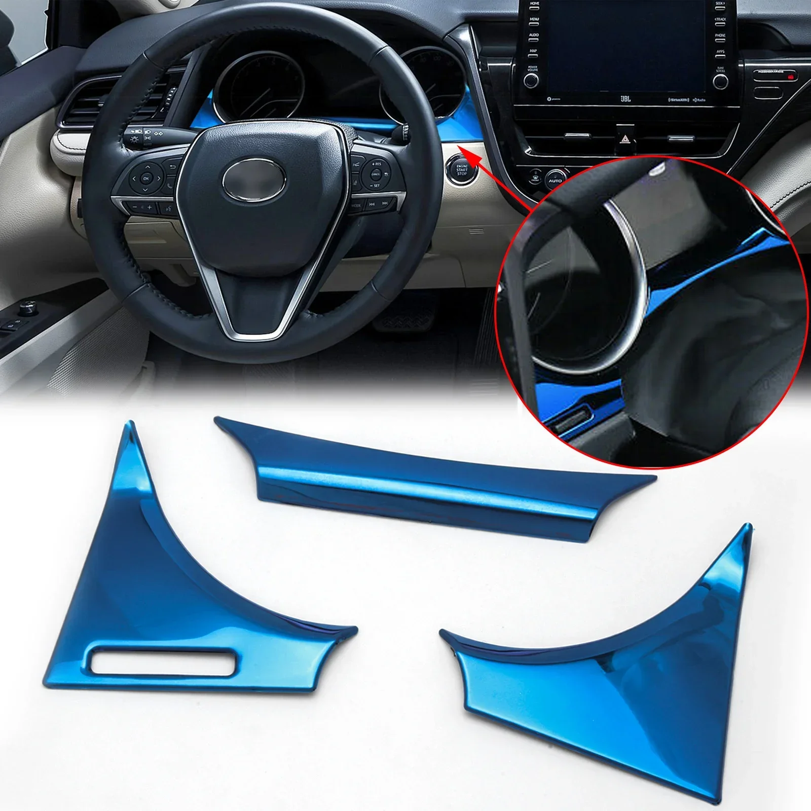 3cps Blue Stainless Interior Dashboard Meter Panel Cover Surrounding Frame Sticker Molding Trims For Toyota Camry 2018-2024