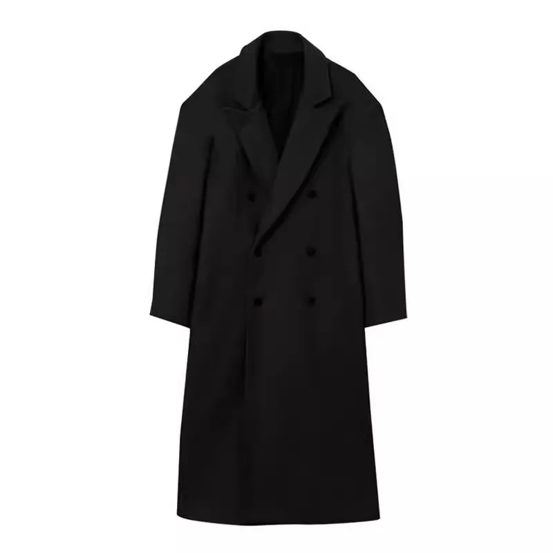 Autumn Winter Korean Style Over Knee Coat Double Breasted High End Loose Fit Mid Length Trench Fashion Wool Blend Outerwear Tops