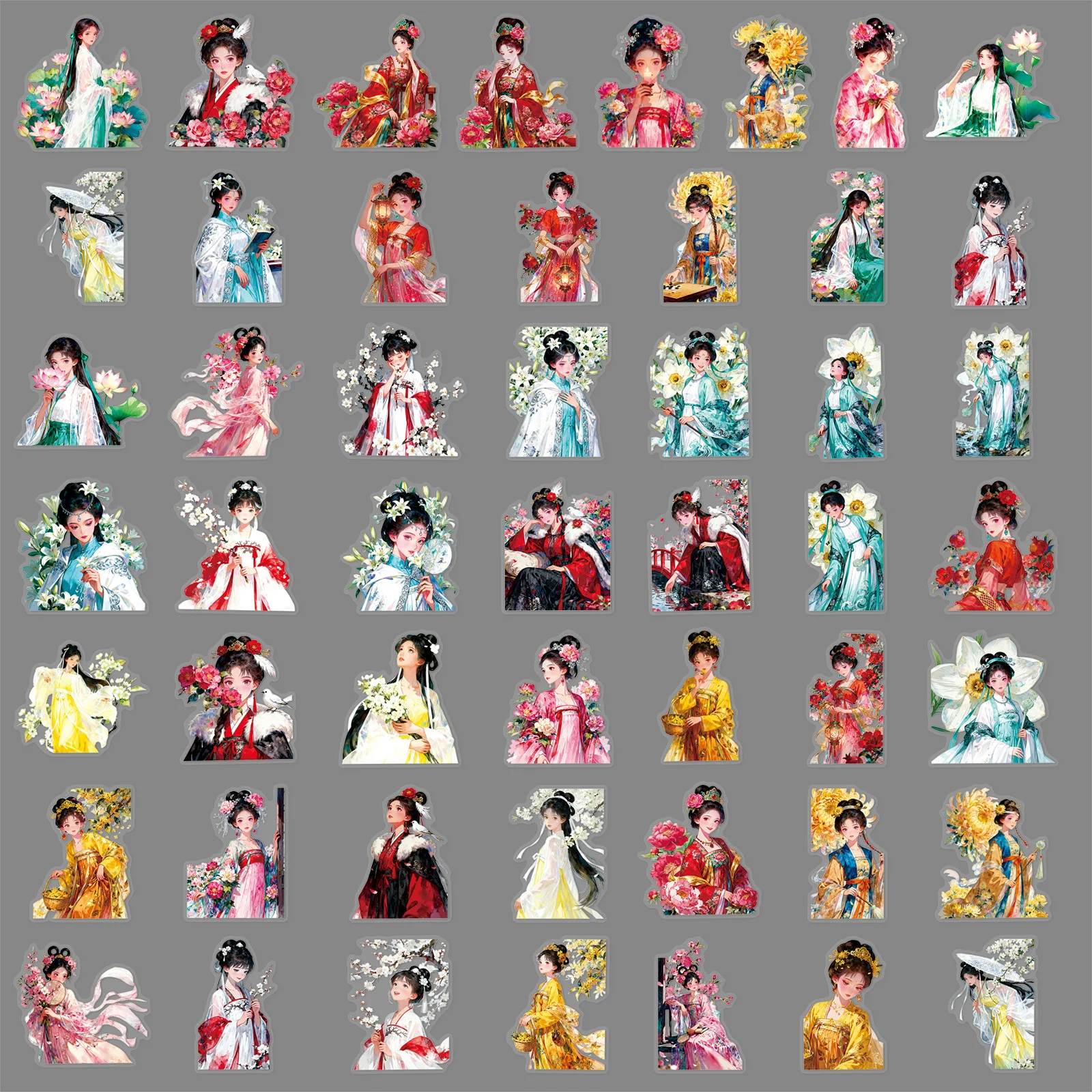 สติกเกอร์ลายกราฟฟิตี้โปร่งใส 10/50 ชิ้น ลายเทพดอกไม้สิบสององค์ สไตล์ฮั่นฟูโบราณ สำหรับตกแต่งแล็ปท็อป โทรศัพท์ กีตาร์ ของเล่นเด็ก