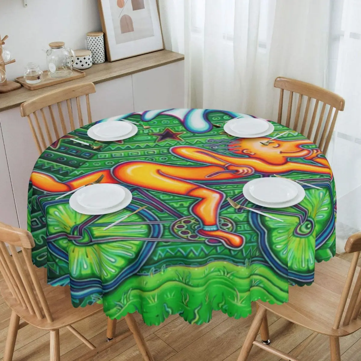 

Bicycle Day Acid 1943 Vintage Tablecloth Round Waterproof Albert Hofmann LSD Table Cover Cloth for Dining Room 60 inches