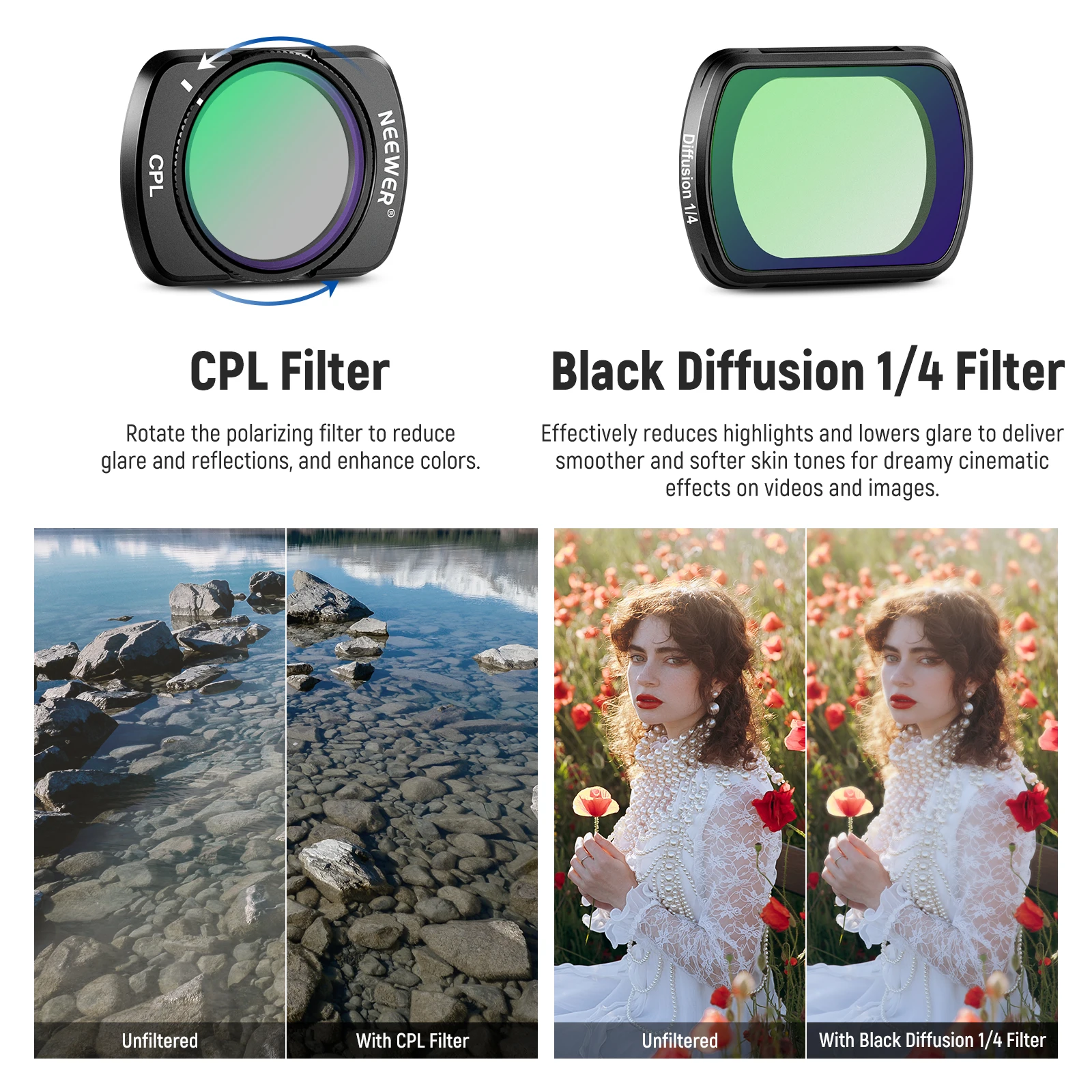 NEEWER Akcesoria filtracyjne do DJI Osmo Pocket 3 Magnetyczny filtr CPL, obiektyw szerokokątny 0,75X, 2 osłony ekranu Filtr fotograficzny — zdjęcie produktu 2