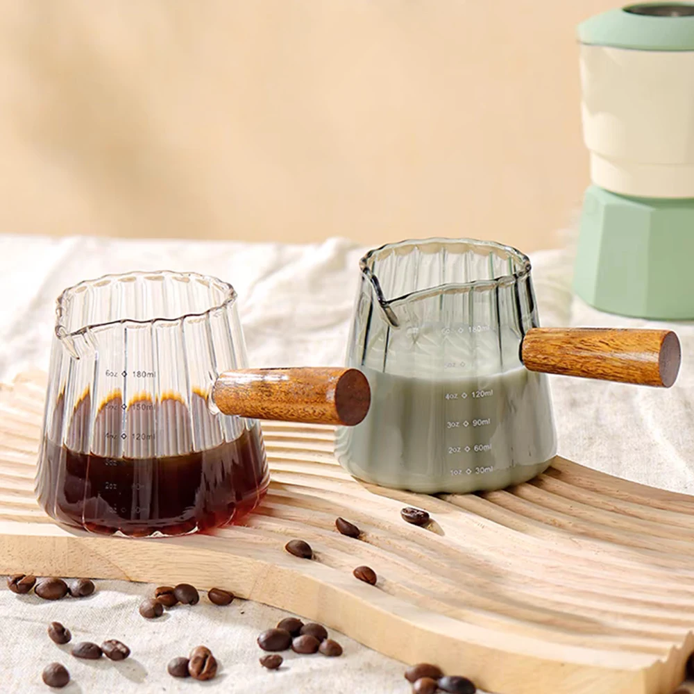 

Measuring Cup Wood Handle Glass Espresso Measuring Cup Single/Double Mouth Milk Jug Coffee Supplies Transparent Measure Mug