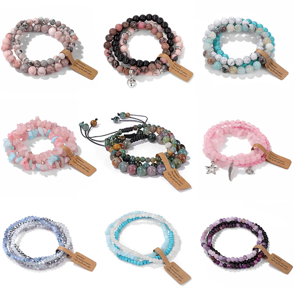 Different Natural Stone Bracelet Set With Tag Amethysts Pink Zebra Gem Jaspers Stone Elastic Bracelet For Women Men Jewelry Gift