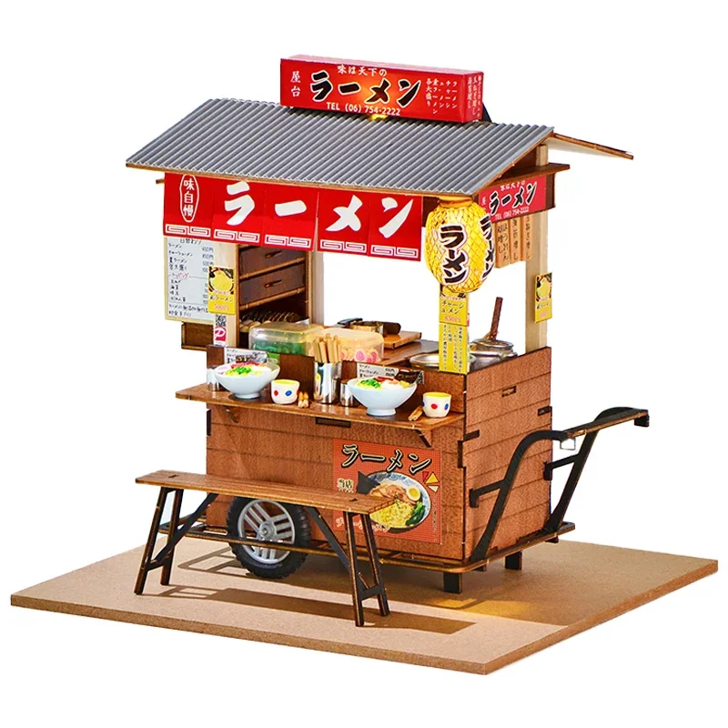 Anima Cartoon Japanese Ramen Stall Diy Cabin Handmade Wooden Food and Play Scene Doll House Accessories Ornaments Birthday Gift