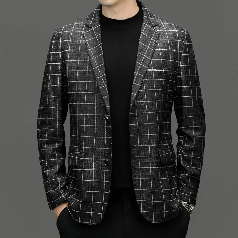 Gentleman Slim Fit Blazers For Men Sheepskin Premium Suit Jackets Spring Quality Genuine Leather Plaid All Match Terno Masculino