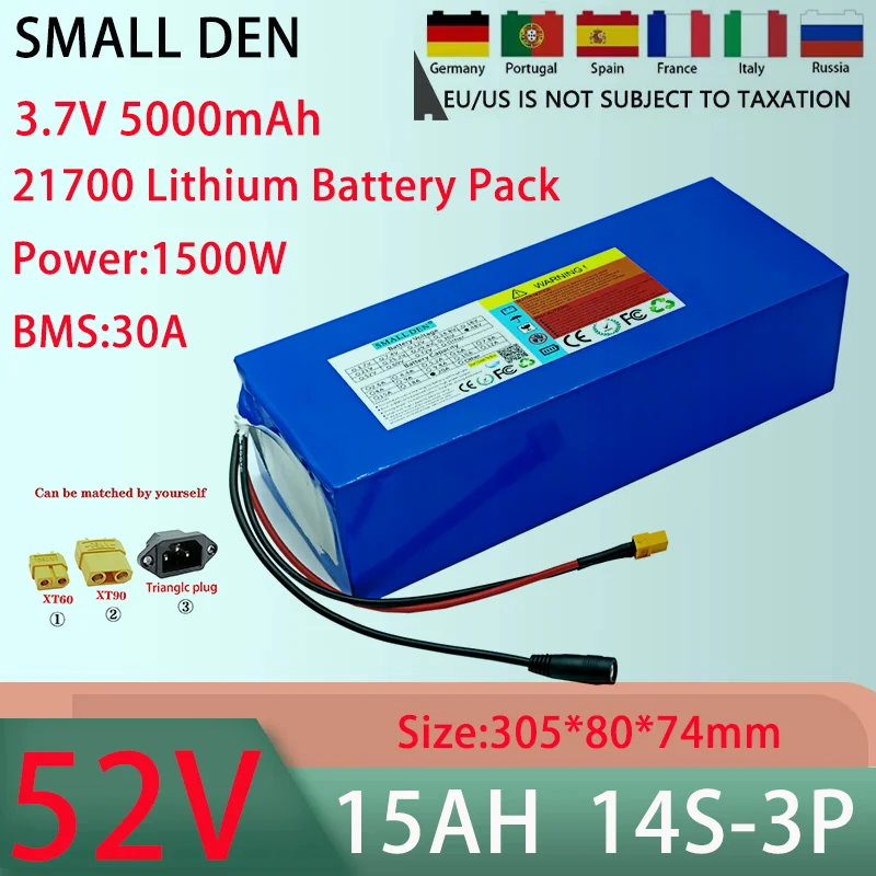 New 52V 15AH 14S3P 21700 lithium battery pack With 30A BMS 100-1500W high-power rechargeable battery+58.8V 5A charger