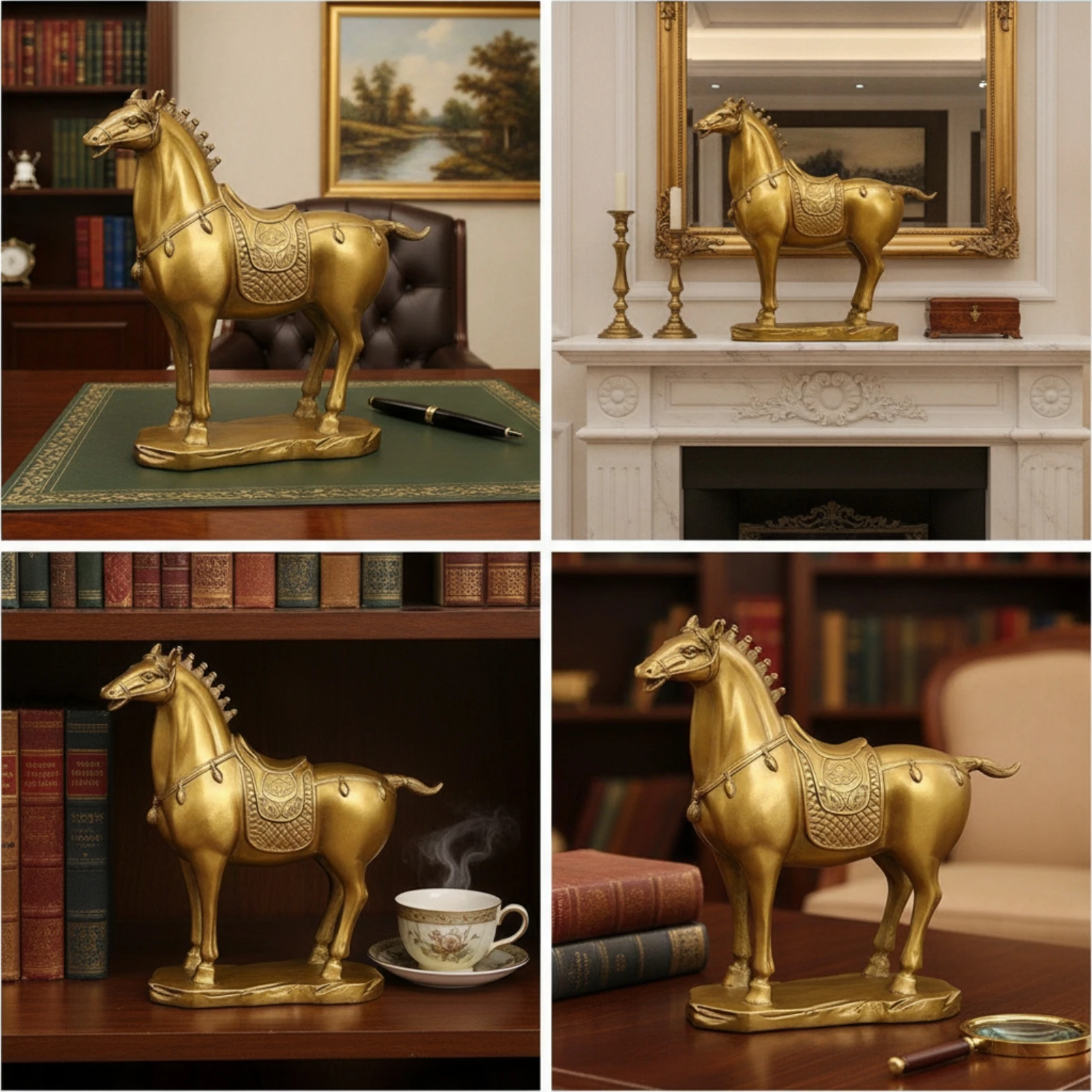 Horse Figurine with Saddle Equestrian Brass Horse Statue Ornament Sculpted Collectible for Homeowners, Living Room, Shelf