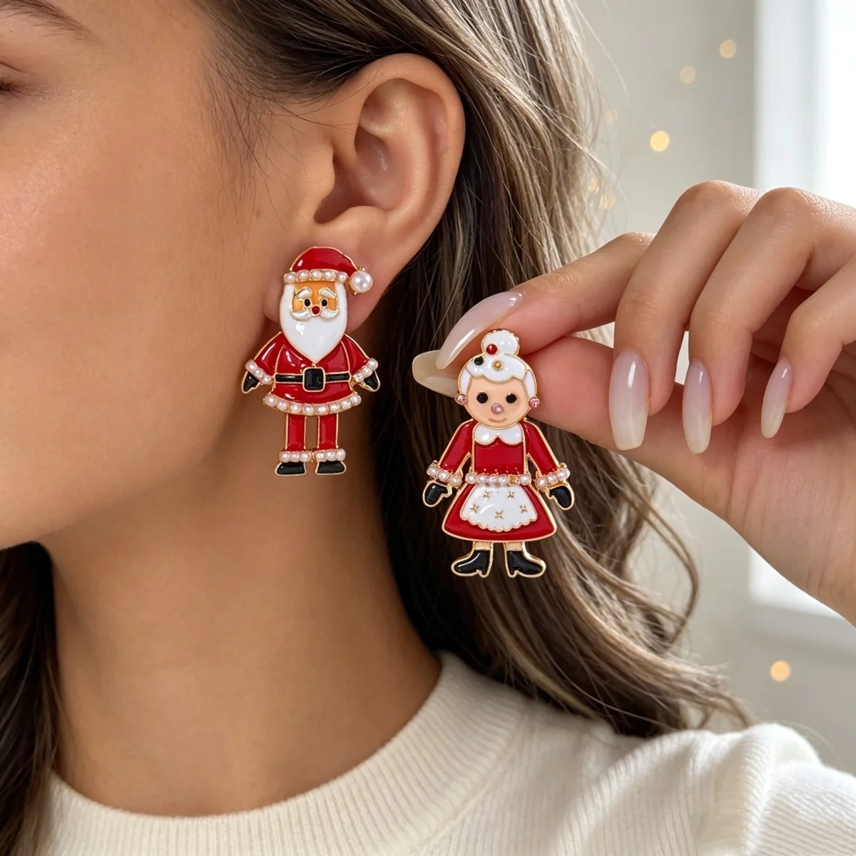 Kreative asymmetrische Ohrstecker mit Weihnachtsmann und Weihnachtsfrau mit langen Beinen für Damen, Imitationsperlen, Weihnachtsfiguren-Ohrringe, Schmuck – Detail 11