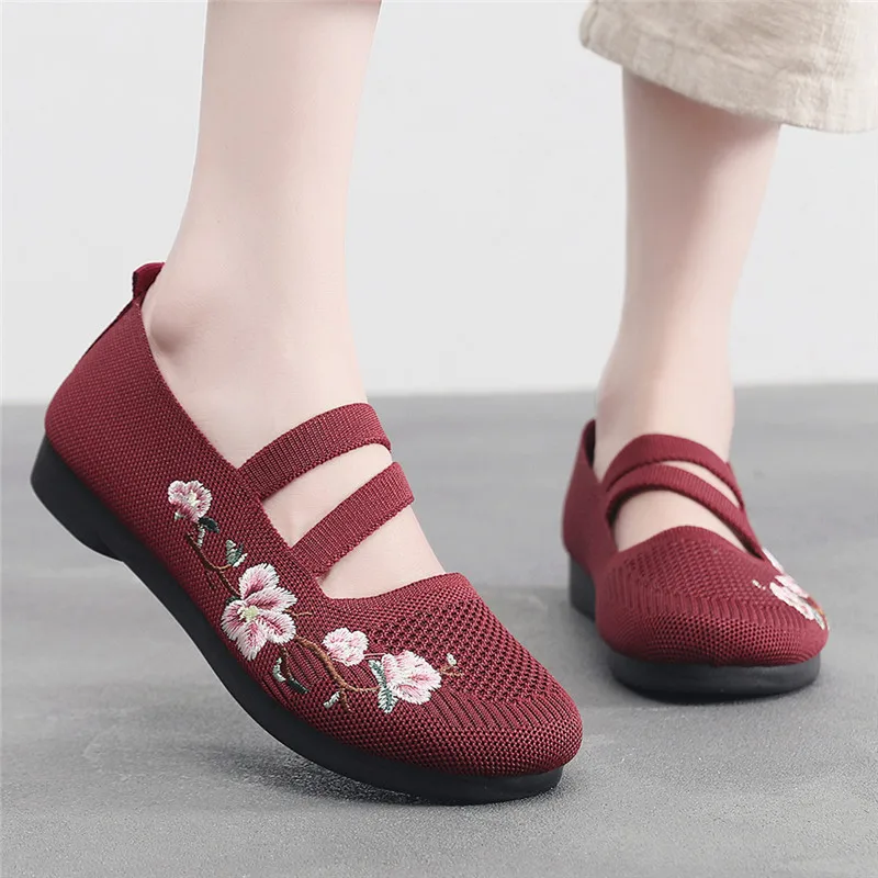 Grandma flats casual knitted mary jane shoes for women summer breathable loafers soft lavender flats woman double strappy shoes