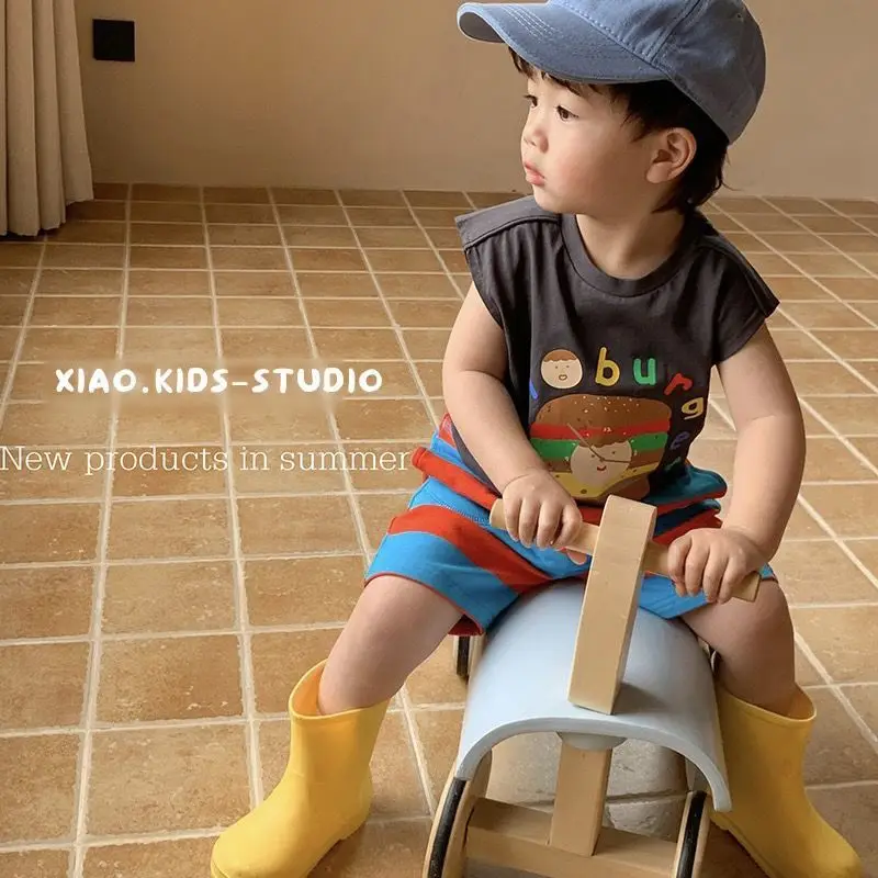 2026 Summer Baby Clothing Set Infant Boys Girls Cute Hamburg Print Sleeveless T-shirt and Stripe Shorts 2Pcs Suit Toddler Outfit