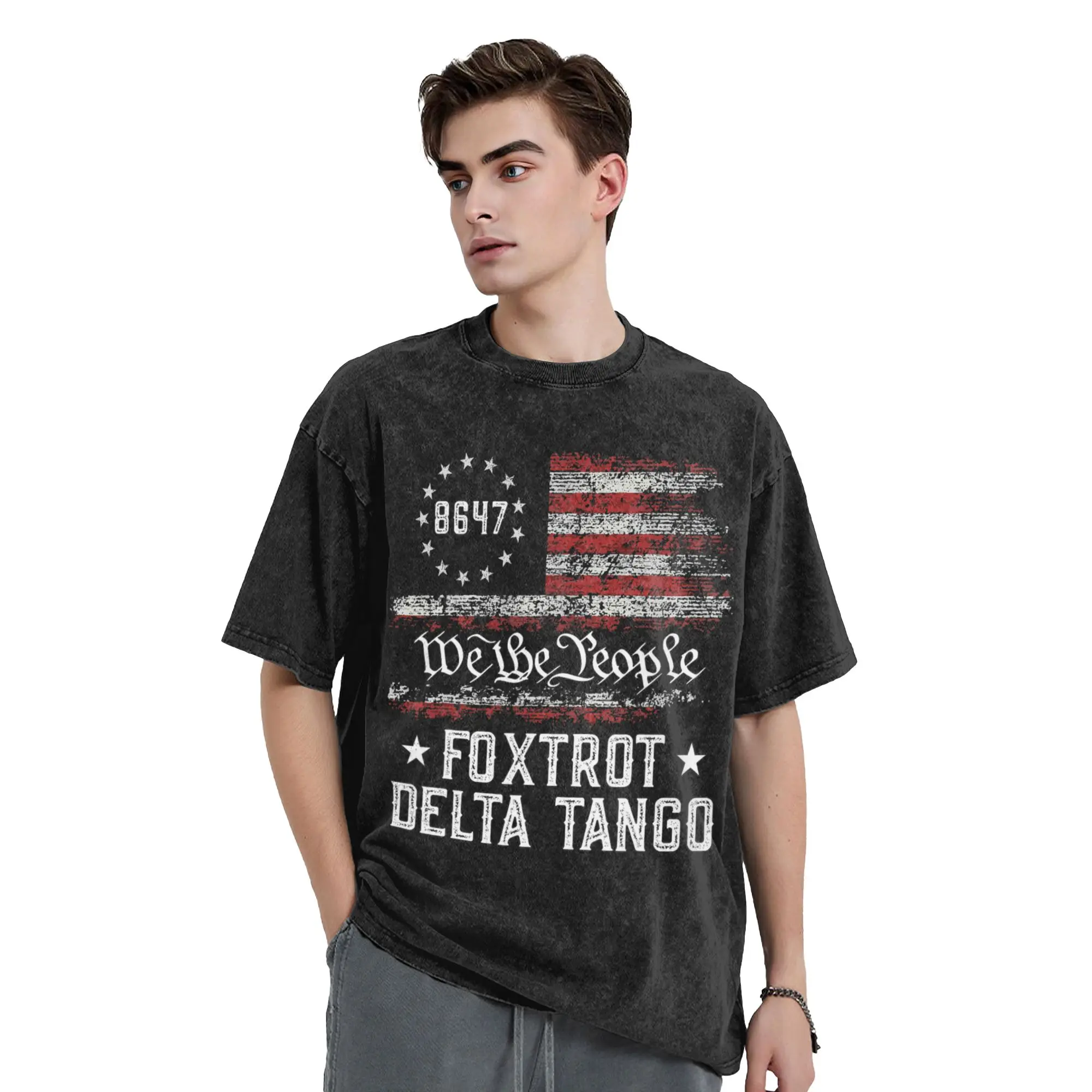 Foxtrot delta tango Men T Shirt Washed  Vintage Tee Shirt Short Sleeve Round Neck T-Shirts Cotton Printed Tops