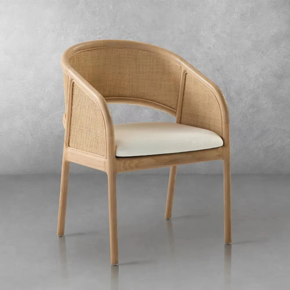 Modern French Style Armchair Solid Oak Wood with Natural Rattan Cane Seat Backs Dining Chair for Home Use