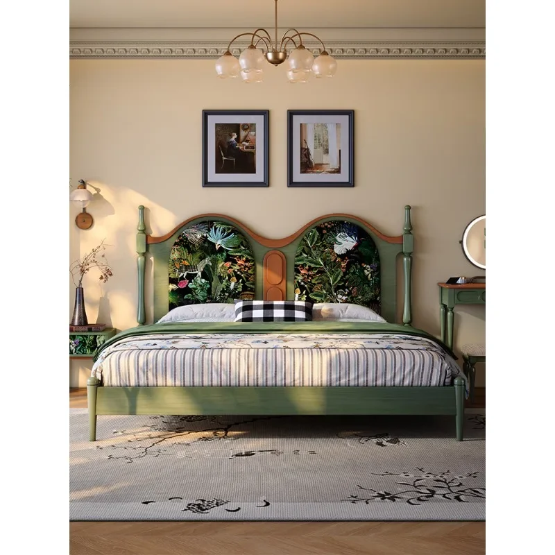 French retro solid wood bed 1.8 meters double bed medium antique ash wood fabric printing, soft bag retro master bed