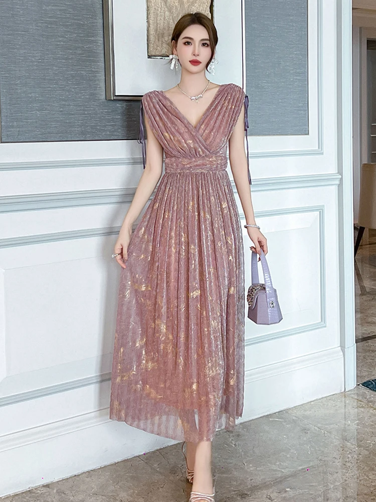 Französisch Elegante Helle Seide Abendkleid Frauen Kleidung Süße Sexy Falten Backless Plissee Robe Weibliche Party Dance Vestidos Fiesta