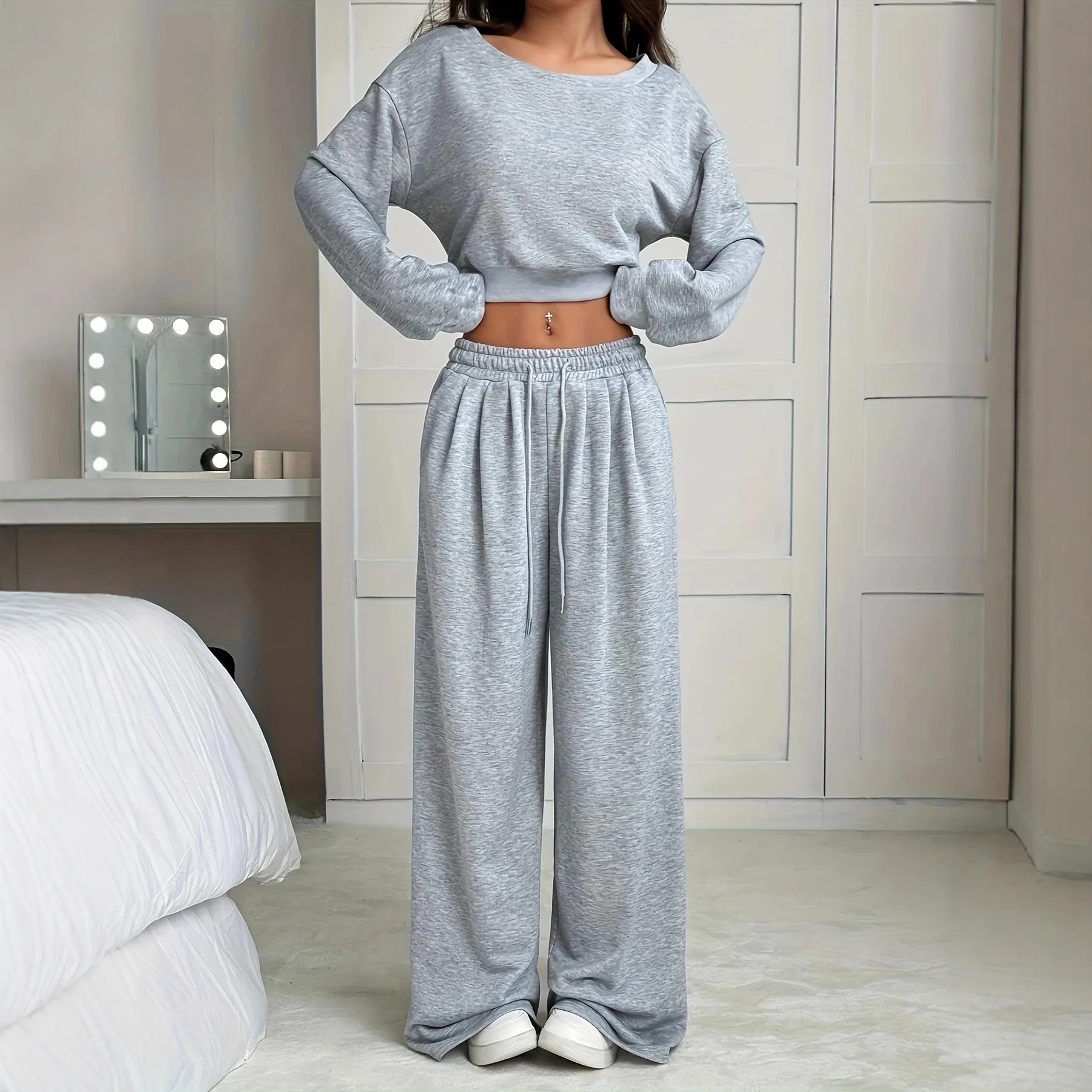 2025 Autumn Solid Color Sweatpants Women's High Waist Drape Wide Leg Sweatpants Small American Cotton Pants Europe and America