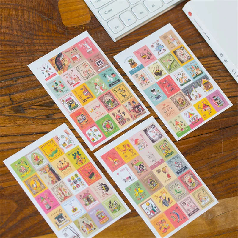 4sheets/lot Creative cartoon style stamp Paper Stamp Sticker Decoration Decal Diary Album Scrapbooking Seal Stationery Sticker