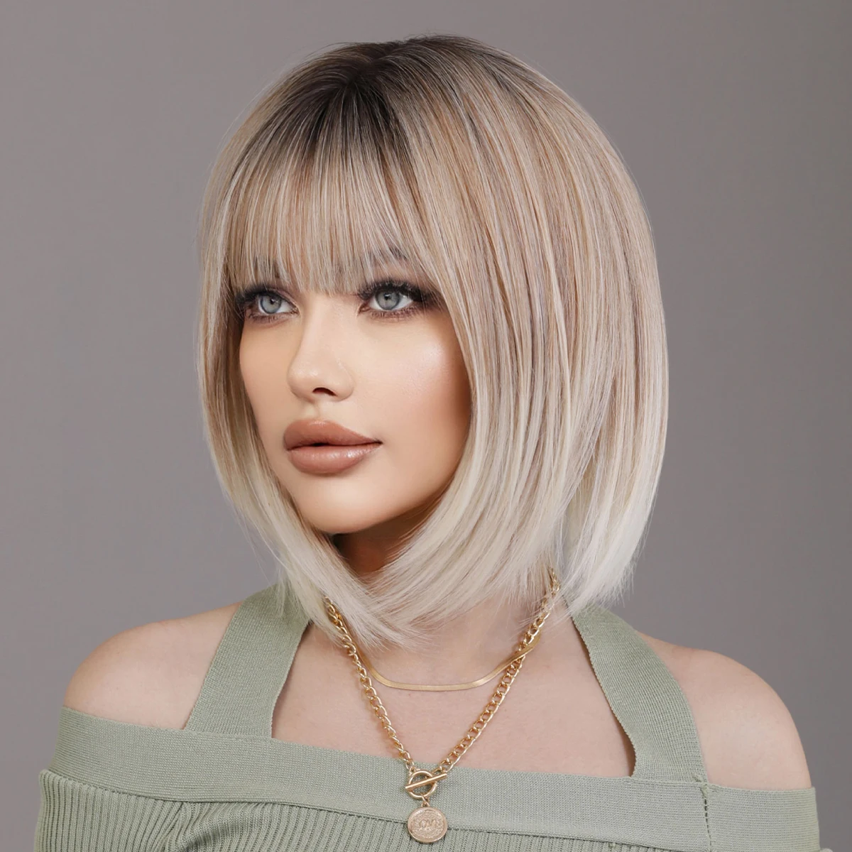 NAMM Ash Ombre Bob Blonde Women Wig for Women Daily Party Short Straight Wigs Syntetyczne peruki z puszystą grzywką Odporne na ciepło