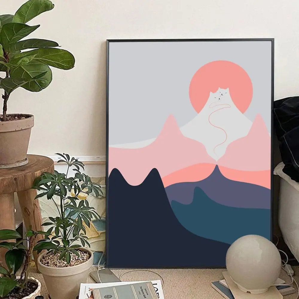 Mountain Landscape Cat Poster Anime Posters Sticky Vintage Room Home Bar Cafe Decor Kawaii Room Decor