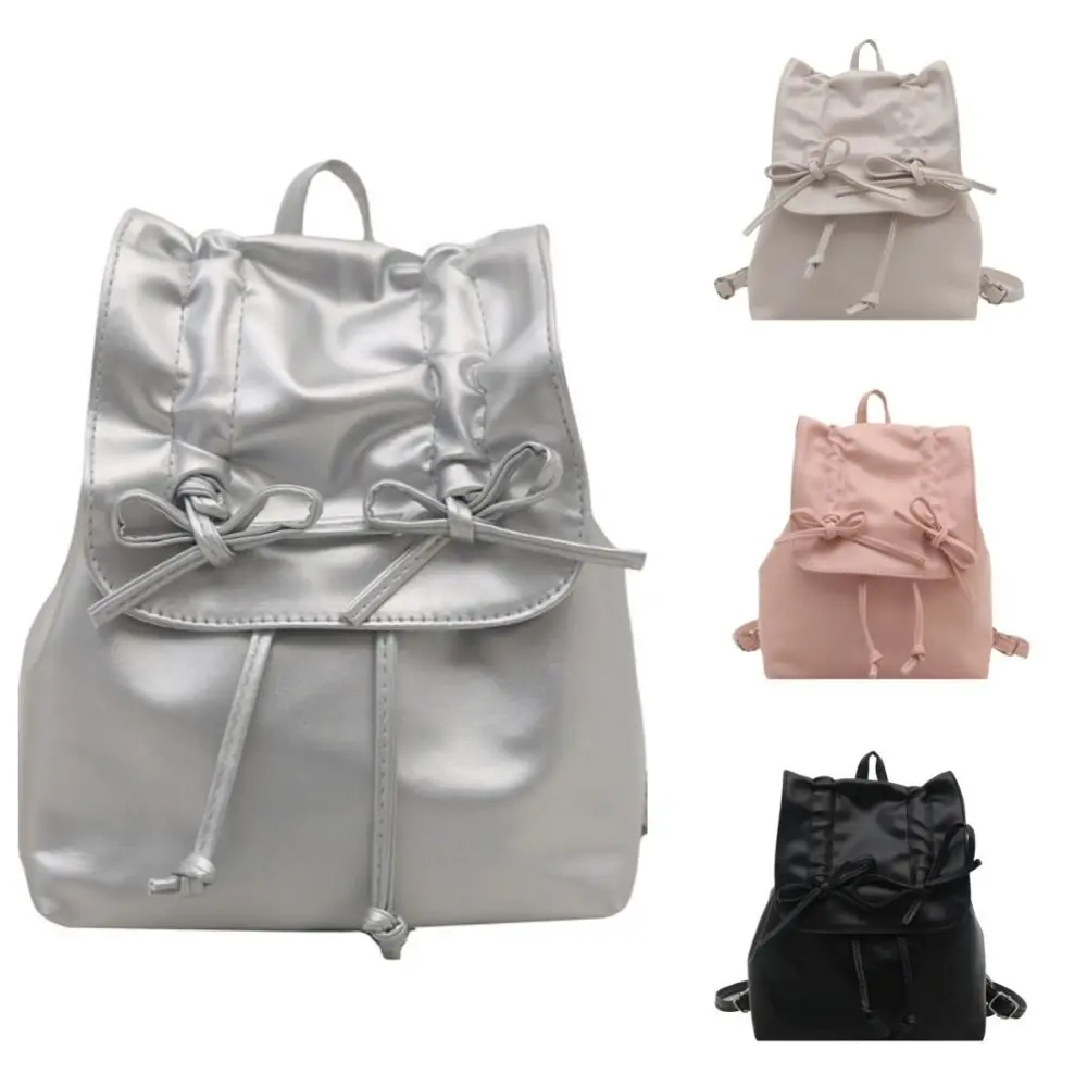 Sweet Tie Bow Backpack Y2k Solid Color Pu Leather Backpack Double Shoulder Bag Handbag Student School Bag Gift