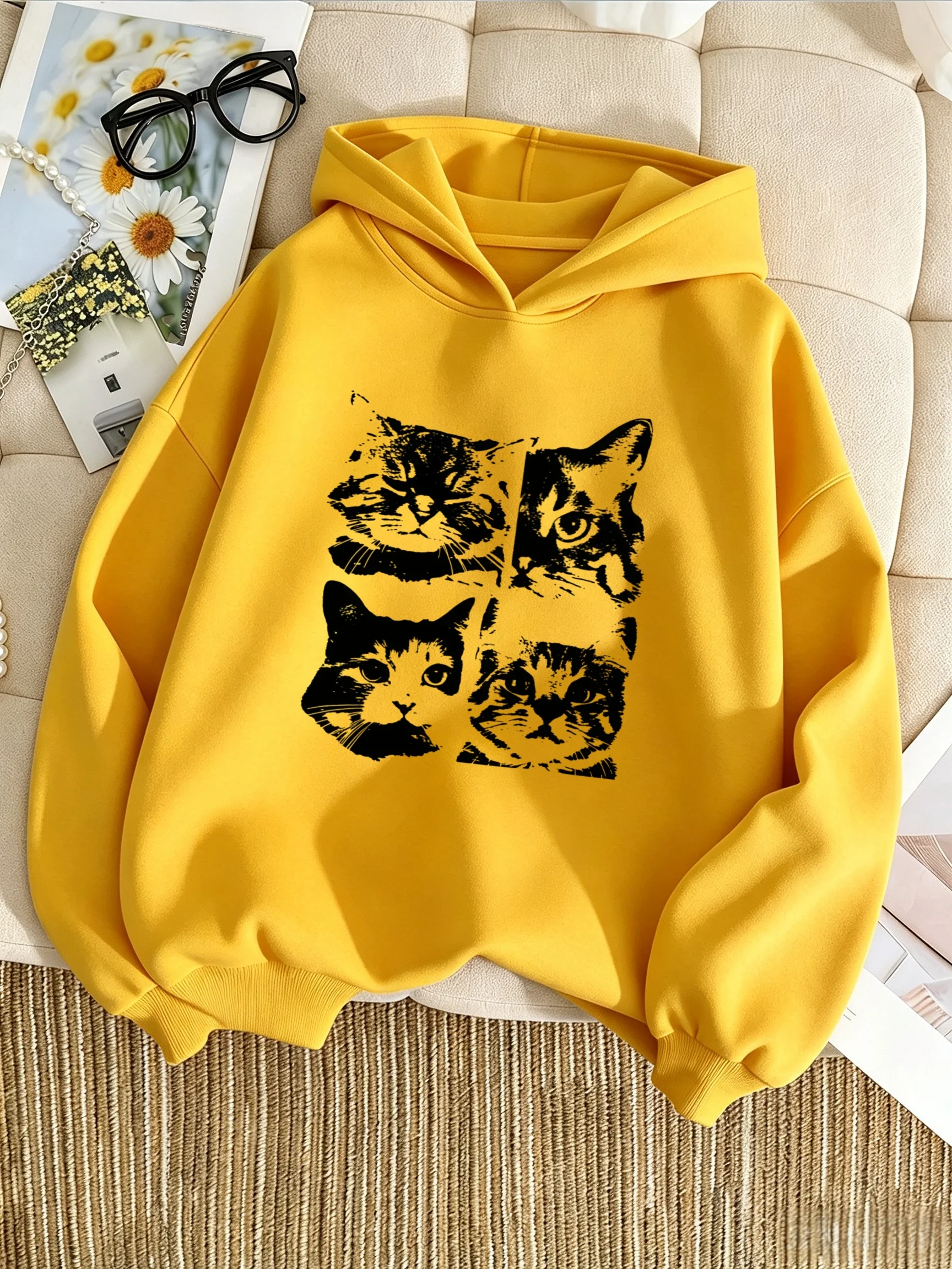 Vintage Black And White Four Cat Portraits Print Kids Hoodie Loose Oversized Pullover Boys Girls Streetwear Sweatshirt