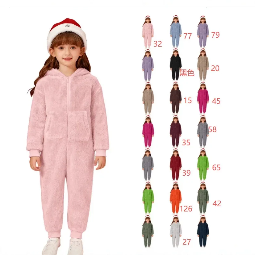 Kids Girls Pajamas Warm Fleece Hooded Jumpsuit Winter Cute Style Sleepwear Long Sleeve Zipper Romper Casual Loungewear Homewear