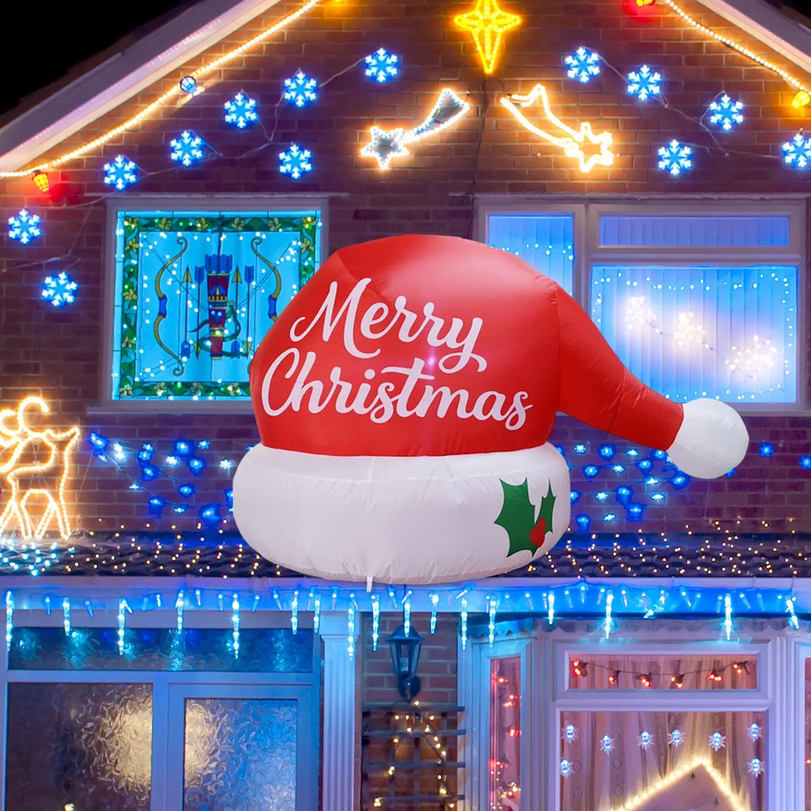 

LED Christmas Inflatables Hat Giant Outdoor Santa Hat Polyester Blow Up Yard Decoration for Holiday Gathering