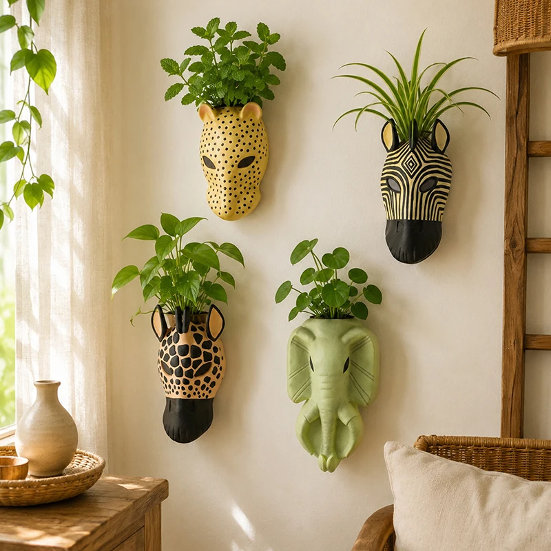 Smooth Matte Textured Safari Beast Head Resin Wall Hydroponic Vase Aesthetic Flat Lay Wall Decor Ornament Personality 2026 New