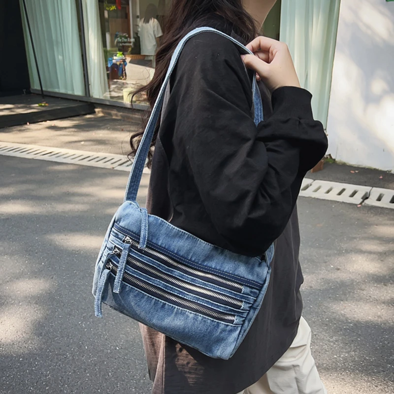 Borse a tracolla da donna con cerniera in denim Borse a tracolla da donna per pendolarismo in vendita 2024 Bolsas Femininas di moda solida di grande