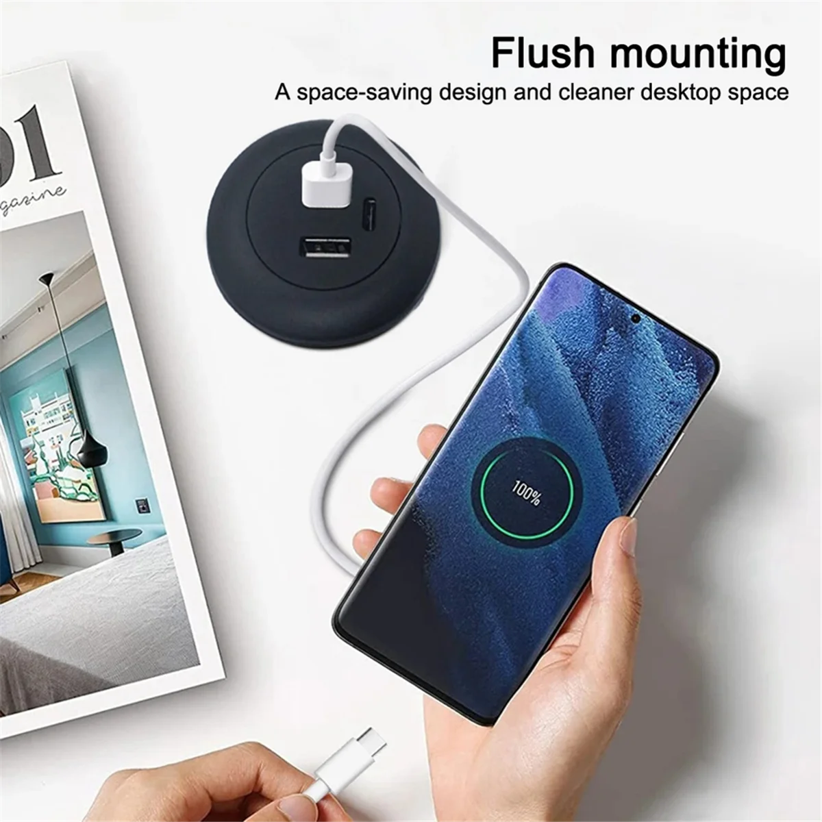 AA98 Desktop Hole Embedded USB Hub Type-C USB Charger Splitter