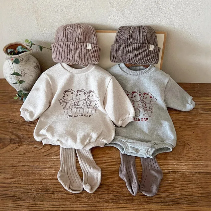 2025 Autumn New Baby Long Sleeve Casual Bodysuit Cotton Infant Boy Girl Cute Cartoon Bear Print Jumpsuit Toddler Clothes 0-24M