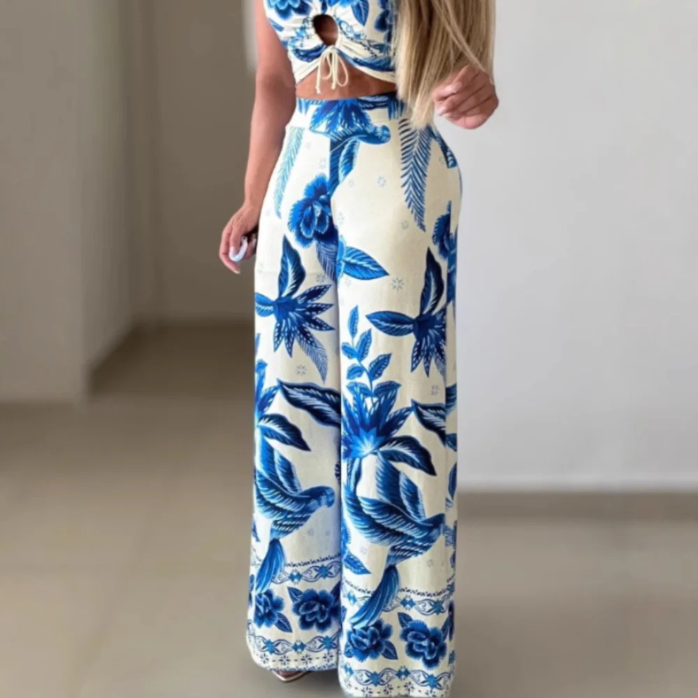 

Printed Vest Top And Pants Set Wide Leg Long Pants Faionable Summer Outfit for Women round Ne ort Sve Two Piece Set