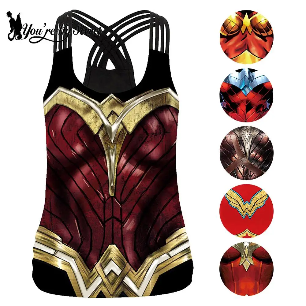 [You\'re My Secret] Cosplay Superhero Printed Tank Top Sexy Sling Cross Vest Casual T-Shirt Female Warrior Cosplay Party Clothing