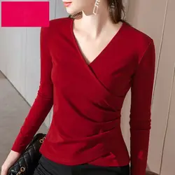 High End Cross V-neck Base Shirt for Women Long Sleeved Base Shirt for Women Red T-shirt for Women with a Waist Cinching Top