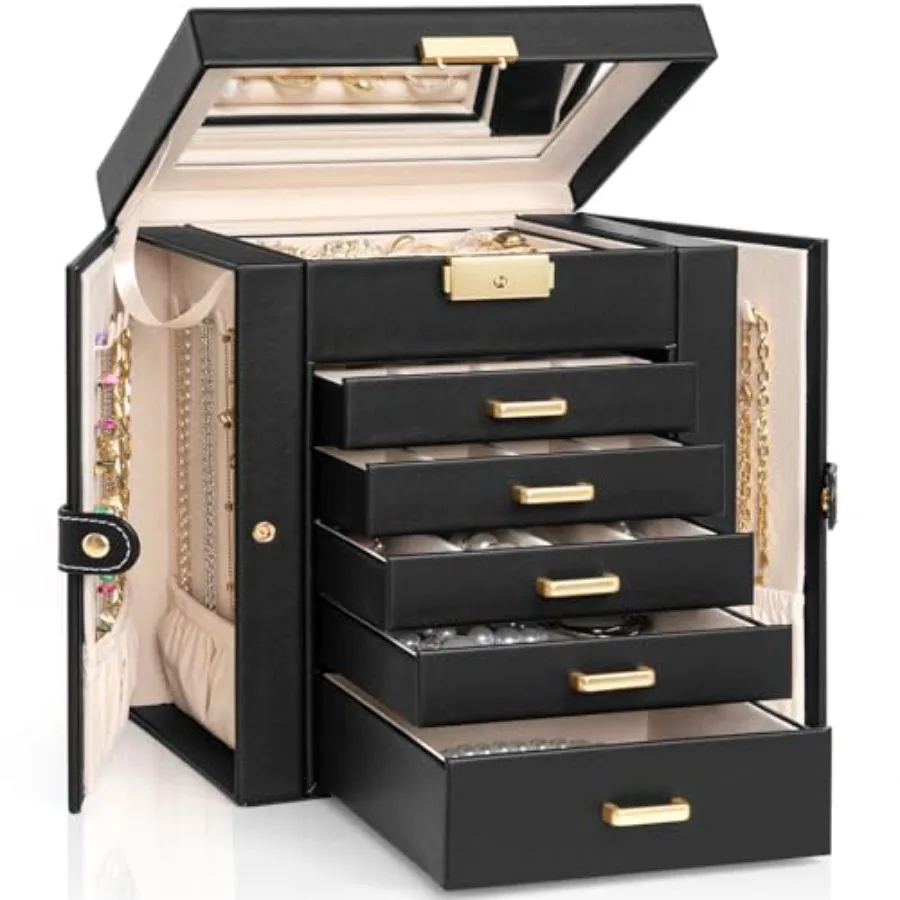 

Large 6-Tier Jewelry Box Lockable Leather Jewelry Storage Case with 5 Drawers for Women Girls Ring Necklace Earring Bracelet Ho