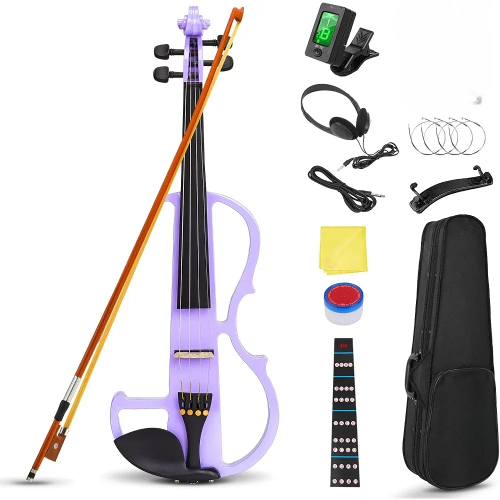 

Electric Violin 4/4 Full Size Silent Violin Set for Beginner Adults Teens, Solid Maple Wood Metallic Electronic Quite Violin