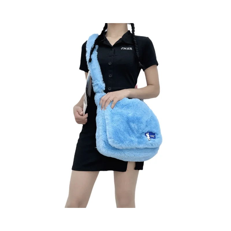 In pluszowa damska torba kurierska Vintage damska torby na ramię Crossbody duża pojemność studentek dziewczęce futrzane torebki torba materiałowa — zdjęcie 2